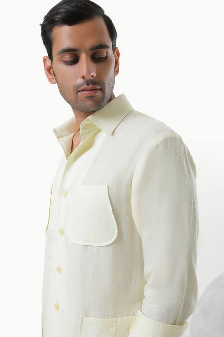 Shop_Kustomeyes_Lime Linen Citrus Field Yellow Pure Designer Shirt _Online_at_Aza_Fashions