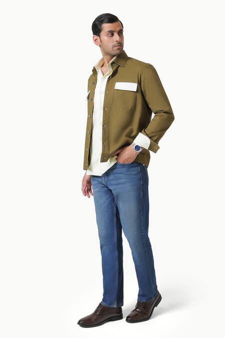 Kustomeyes_Olive Green Cotton Fieldline Bomber Jacket _Online_at_Aza_Fashions