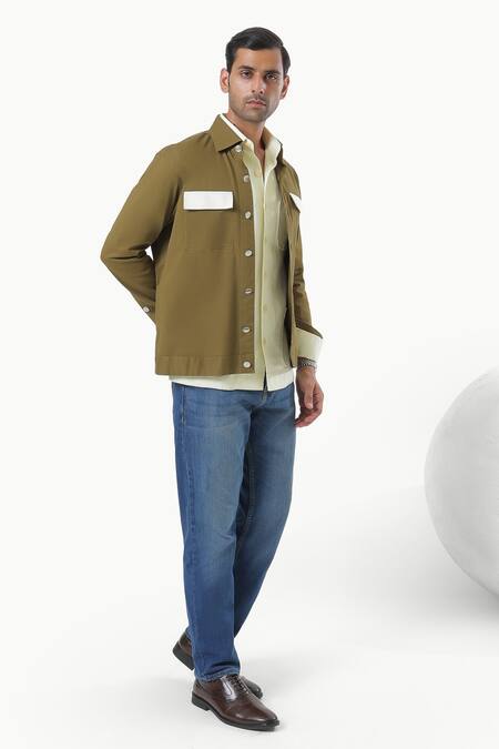 Buy_Kustomeyes_Olive Green Cotton Fieldline Bomber Jacket _Online_at_Aza_Fashions