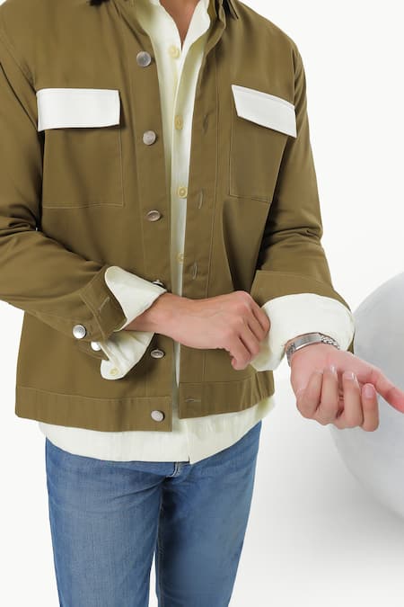 Shop_Kustomeyes_Olive Green Cotton Fieldline Bomber Jacket _Online_at_Aza_Fashions