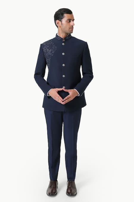 Kustomeyes_Blue Embroidery Imperial Dusk Designer Bandhgala And Pant Set _Online_at_Aza_Fashions