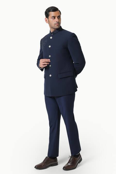 Buy_Kustomeyes_Blue Embroidery Imperial Dusk Designer Bandhgala And Pant Set _Online_at_Aza_Fashions