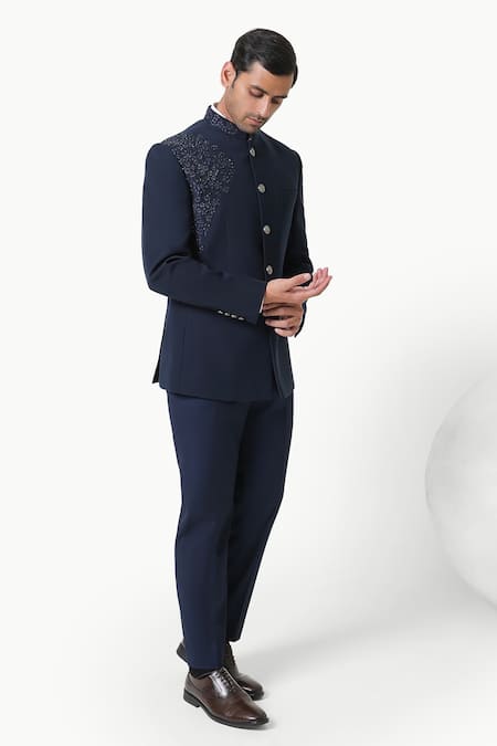 Buy_Kustomeyes_Blue Embroidery Imperial Dusk Designer Bandhgala And Pant Set 