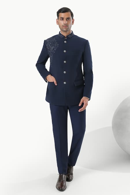 Kustomeyes Blue Embroidery Imperial Dusk Designer Bandhgala And Pant Set 