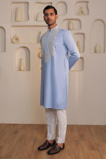 Buy_Kustomeyes_Blue Cotton Embroidery Sky Bloom Designer Powder Kurta Set _Online_at_Aza_Fashions