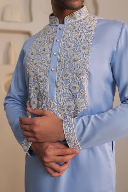 Shop_Kustomeyes_Blue Cotton Embroidery Sky Bloom Designer Powder Kurta Set _Online_at_Aza_Fashions