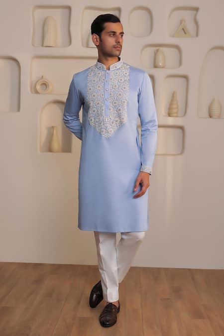 Kustomeyes Blue Cotton Embroidery Sky Bloom Designer Powder Kurta Set 