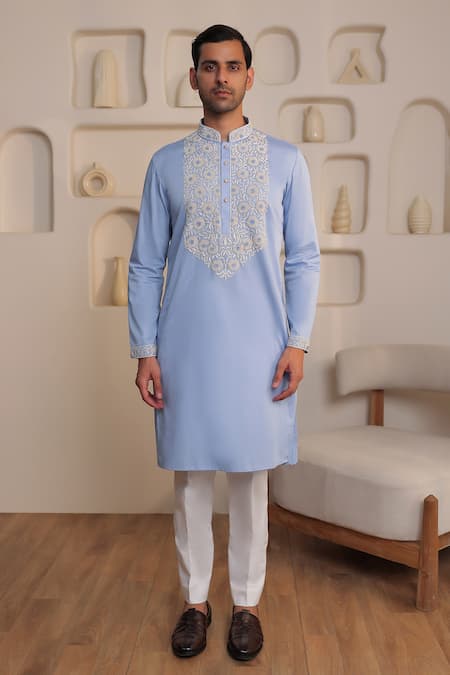 Kustomeyes_Blue Cotton Embroidery Sky Bloom Designer Powder Kurta Set _at_Aza_Fashions