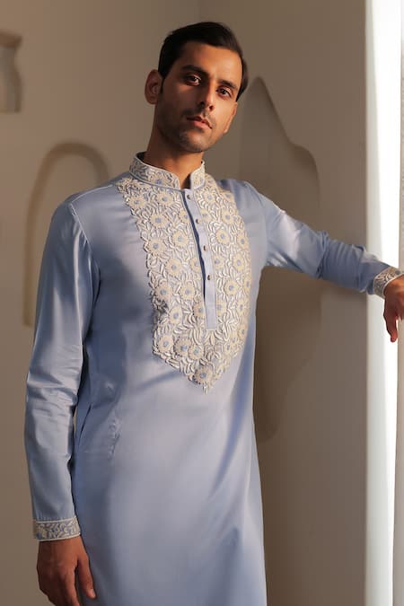 Buy_Kustomeyes_Blue Cotton Embroidery Sky Bloom Designer Powder Kurta Set 