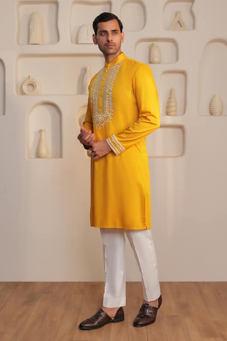 Shop_Kustomeyes_Mustard Cotton Embroidery Earth Ember Kurta And Pant Set _Online_at_Aza_Fashions