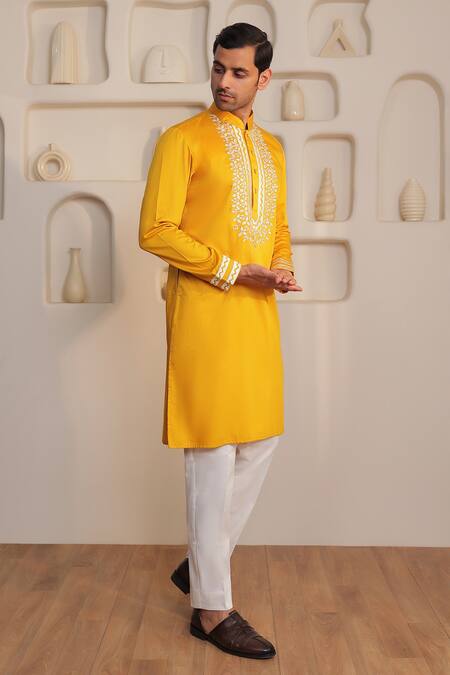 Kustomeyes_Mustard Cotton Embroidery Earth Ember Kurta And Pant Set _at_Aza_Fashions