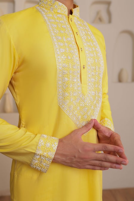 Kustomeyes Yellow Cotton Embroidery Threaded Bloom Kurta Set Online at Aza Fashions Kustomeyes_Yellow Cotton Embroidery Threaded Bloom Kurta Set _Online_at_Aza_Fashions