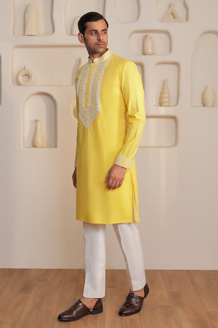 Shop Kustomeyes Yellow Cotton Embroidery Threaded Bloom Kurta Set Online at Aza Fashions Shop_Kustomeyes_Yellow Cotton Embroidery Threaded Bloom Kurta Set _Online_at_Aza_Fashions