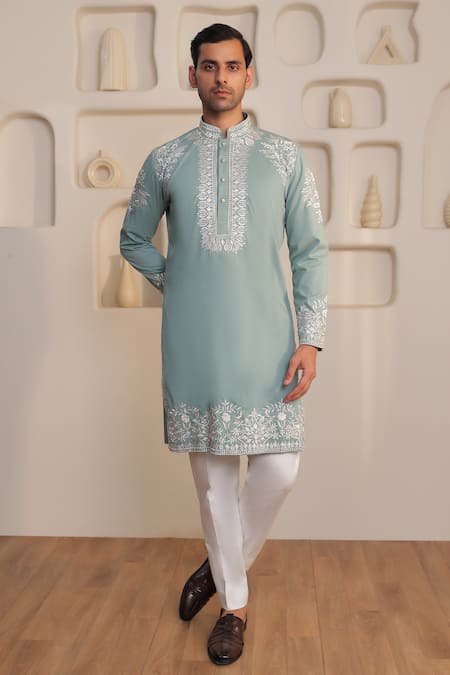 Kustomeyes Blue Cotton Embroidery Meadow Thread Kurta Set 