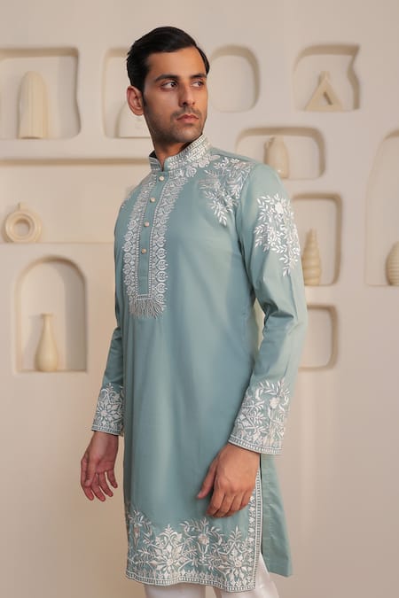 Buy_Kustomeyes_Blue Cotton Embroidery Meadow Thread Kurta Set _Online_at_Aza_Fashions