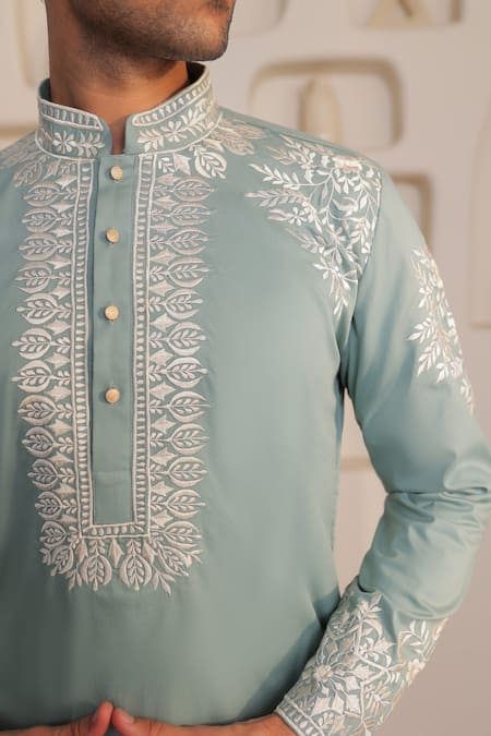 Shop_Kustomeyes_Blue Cotton Embroidery Meadow Thread Kurta Set _Online_at_Aza_Fashions