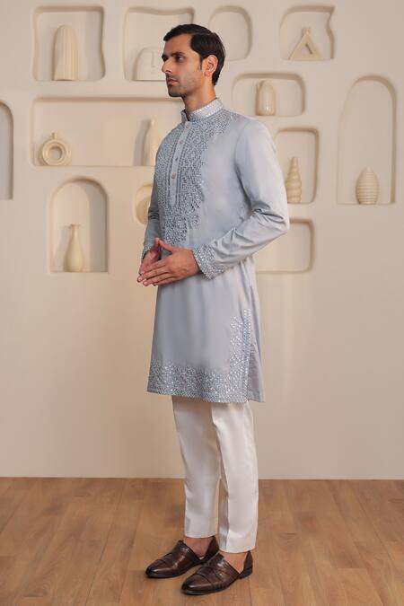 Buy_Kustomeyes_Gray Cotton Sequins, Embroidery Designer Shadow Gleam Kurta And Pant Set _Online_at_Aza_Fashions