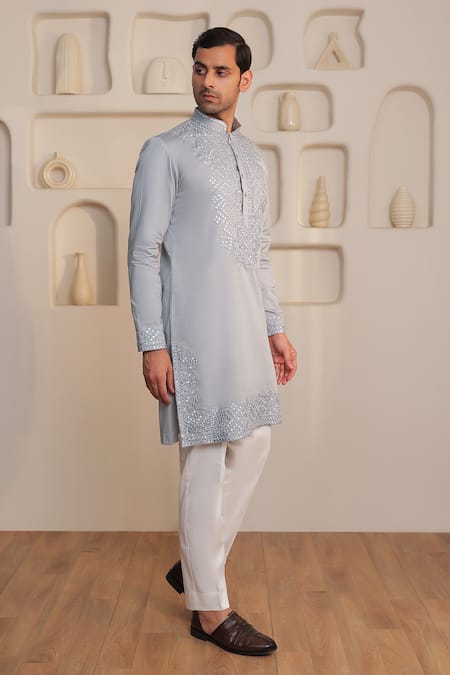 Shop_Kustomeyes_Gray Cotton Sequins, Embroidery Designer Shadow Gleam Kurta And Pant Set _Online_at_Aza_Fashions