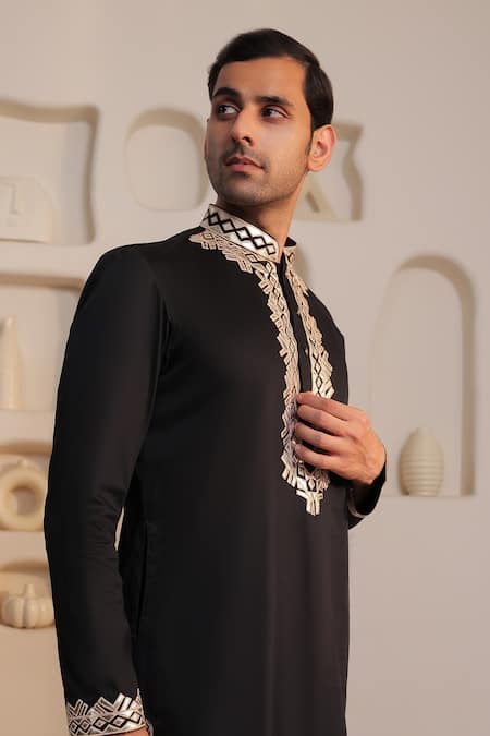 Shop_Kustomeyes_Black Cotton Embroidery Noir Edge Designer Kurta Set _Online_at_Aza_Fashions