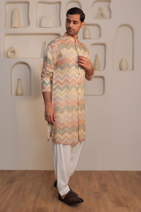 Buy_Kustomeyes_Beige Silk Designer Sandstone Bloom Kurta Set _Online_at_Aza_Fashions