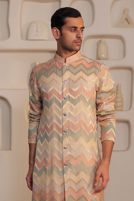 Shop_Kustomeyes_Beige Silk Designer Sandstone Bloom Kurta Set _Online_at_Aza_Fashions