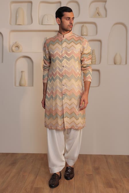 Kustomeyes_Beige Silk Designer Sandstone Bloom Kurta Set _at_Aza_Fashions