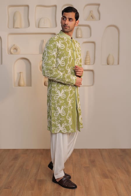 Buy_Kustomeyes_Mint Knit, Cotton Embroidery Verdant Weave Green Kurta Set _Online_at_Aza_Fashions
