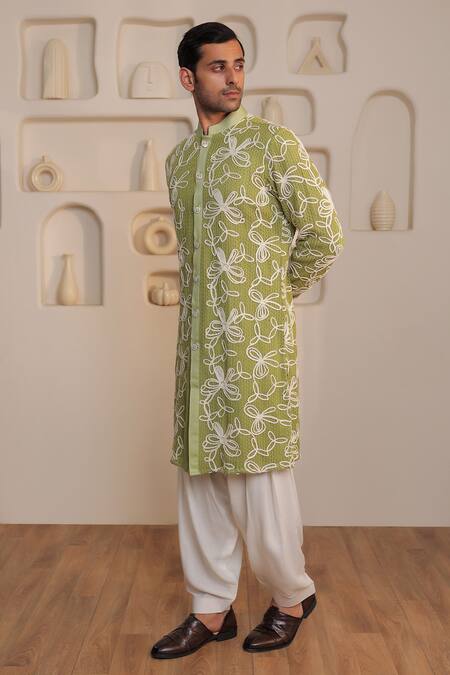 Shop_Kustomeyes_Mint Knit, Cotton Embroidery Verdant Weave Green Kurta Set _Online_at_Aza_Fashions