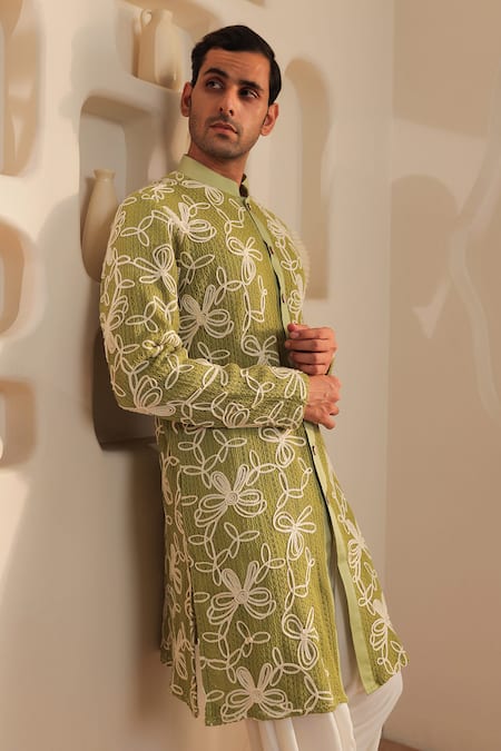 Kustomeyes_Mint Knit, Cotton Embroidery Verdant Weave Green Kurta Set _at_Aza_Fashions