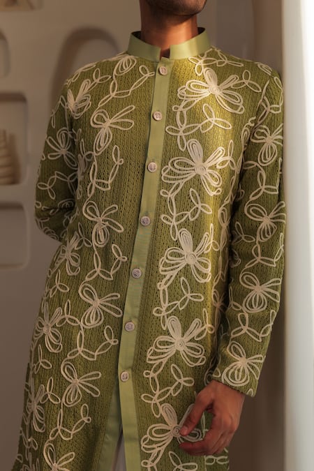 Buy_Kustomeyes_Mint Knit, Cotton Embroidery Verdant Weave Green Kurta Set 