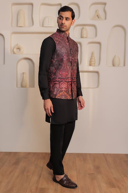 Kustomeyes_Black Silk Paisley Noir Kurta Bundi Set _Online_at_Aza_Fashions