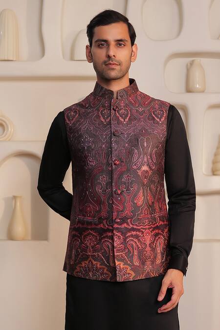 Shop_Kustomeyes_Black Silk Paisley Noir Kurta Bundi Set _Online_at_Aza_Fashions
