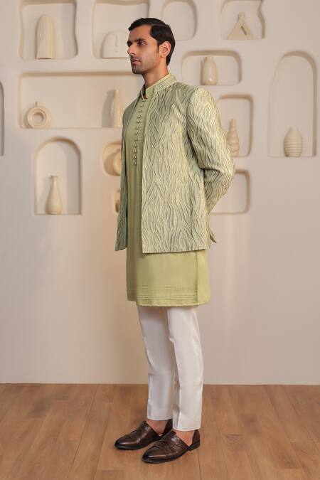 Kustomeyes_Mint Silk Embroidery Seaglass Royale Green Jacket Kurta Set _Online_at_Aza_Fashions