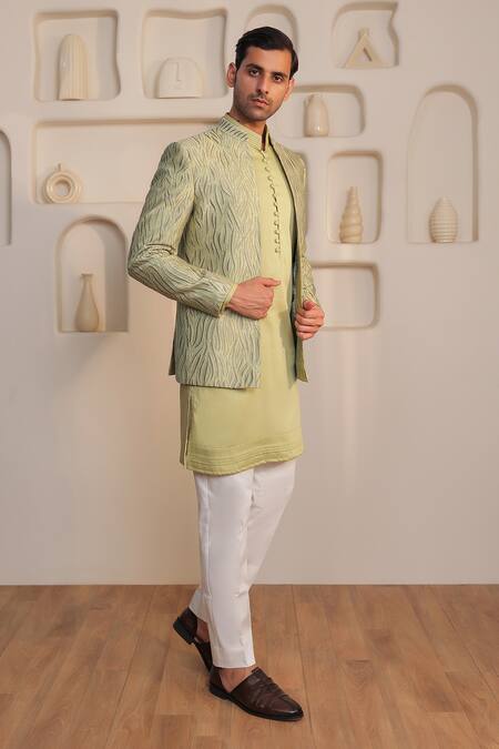 Buy_Kustomeyes_Mint Silk Embroidery Seaglass Royale Green Jacket Kurta Set _Online_at_Aza_Fashions