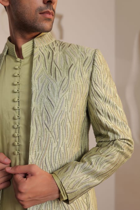 Shop_Kustomeyes_Mint Silk Embroidery Seaglass Royale Green Jacket Kurta Set _Online_at_Aza_Fashions