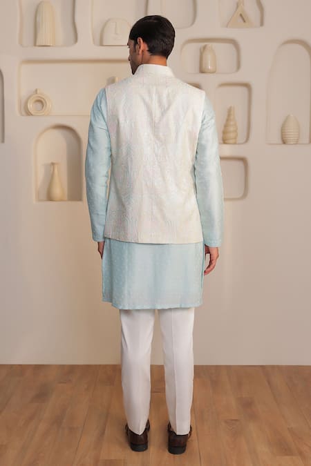 Kustomeyes Frosted Azure Designer Ice Blue Bundi Set Frosted Azure Designer Ice Blue Bundi Kurta Set 