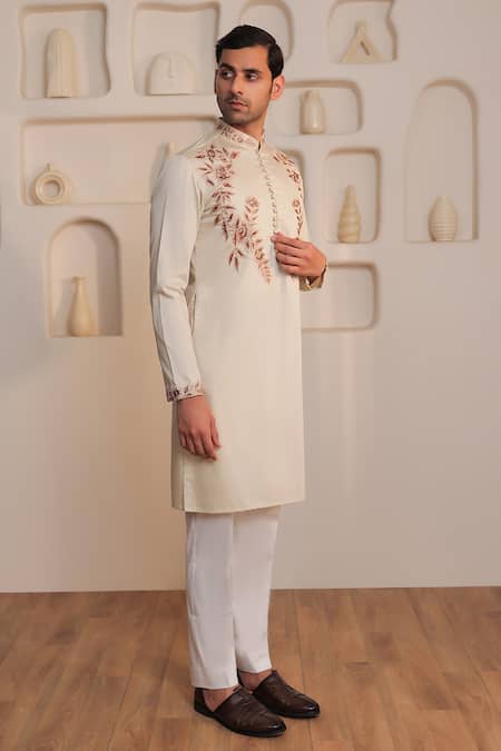 Buy_Kustomeyes_Beige Cotton Embroidery Sandstone Classic Kurta And Pant Set _Online_at_Aza_Fashions