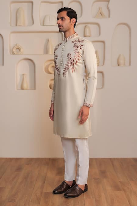 Shop_Kustomeyes_Beige Cotton Embroidery Sandstone Classic Kurta And Pant Set _Online_at_Aza_Fashions