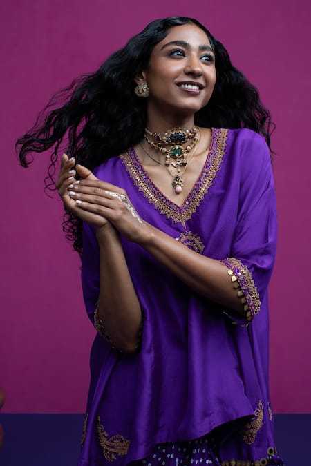 Shop Pink City By Sarika Purple Silk Embroidery Round Neck Peacock Paisley Kaftan Skirt Set Online at Aza Fashions Shop_Pink City By Sarika_Purple Silk Embroidery Round Neck Peacock Paisley Kaftan Skirt Set _Online_at_Aza_Fashions