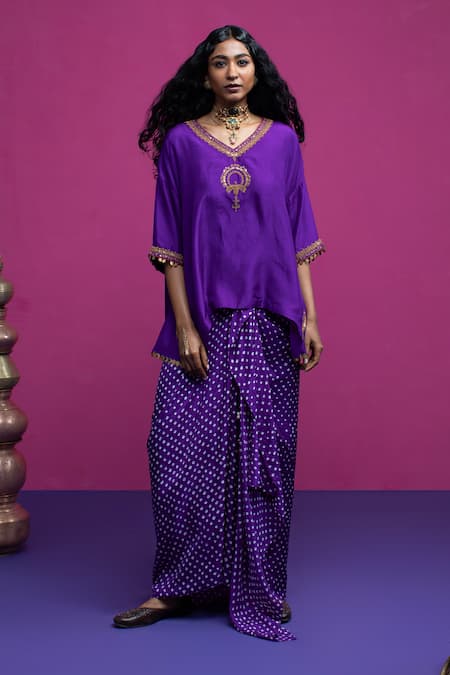 Pink City By Sarika Purple Silk Embroidery Round Neck Peacock Paisley Kaftan Skirt Set