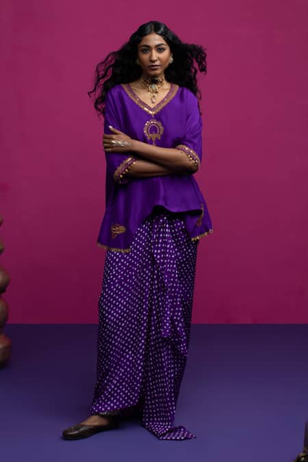 Pink City By Sarika Purple Silk Embroidery Round Neck Peacock Paisley Kaftan Skirt Set at Aza Fashions Pink City By Sarika_Purple Silk Embroidery Round Neck Peacock Paisley Kaftan Skirt Set _at_Aza_Fashions