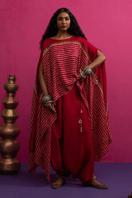 Shop_Pink City By Sarika_Red Silk Mirrors, Embroidery Round Neck Mangalya Bandhani Cape Set _Online_at_Aza_Fashions