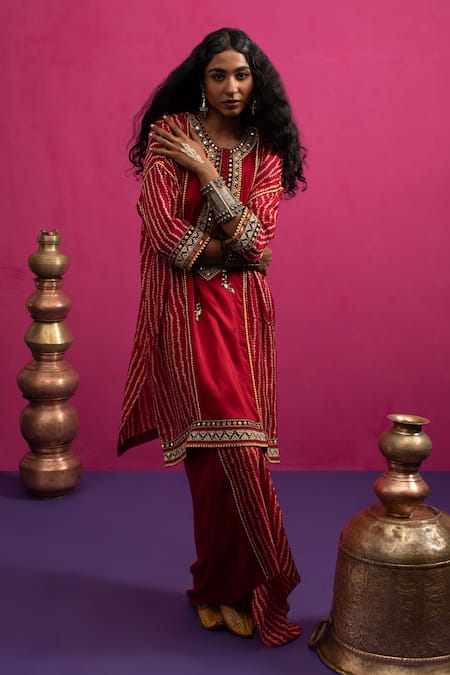 Shop Pink City By Sarika Red Silk Embroidery, Sequins Round Neck Lazy Stylefiesta Kaftan Skirt Set Online at Aza Fashions Shop_Pink City By Sarika_Red Silk Embroidery, Sequins Round Neck Lazy Stylefiesta Kaftan Skirt Set _Online_at_Aza_Fashions