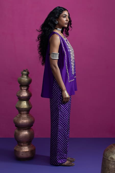 Pink City By Sarika Purple Silk Embroidery, Gota Patti Round Neck Lotus Kurta Pant Set Online at Aza Fashions Pink City By Sarika_Purple Silk Embroidery, Gota Patti Round Neck Lotus Kurta Pant Set _Online_at_Aza_Fashions