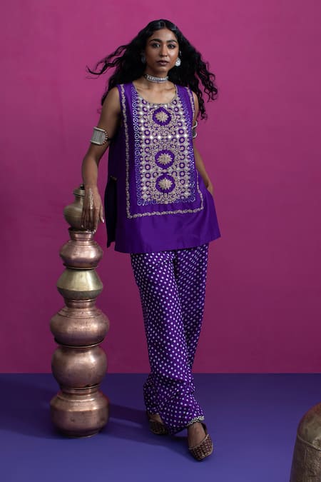 Shop Pink City By Sarika Purple Silk Embroidery, Gota Patti Round Neck Lotus Kurta Pant Set Online at Aza Fashions Shop_Pink City By Sarika_Purple Silk Embroidery, Gota Patti Round Neck Lotus Kurta Pant Set _Online_at_Aza_Fashions