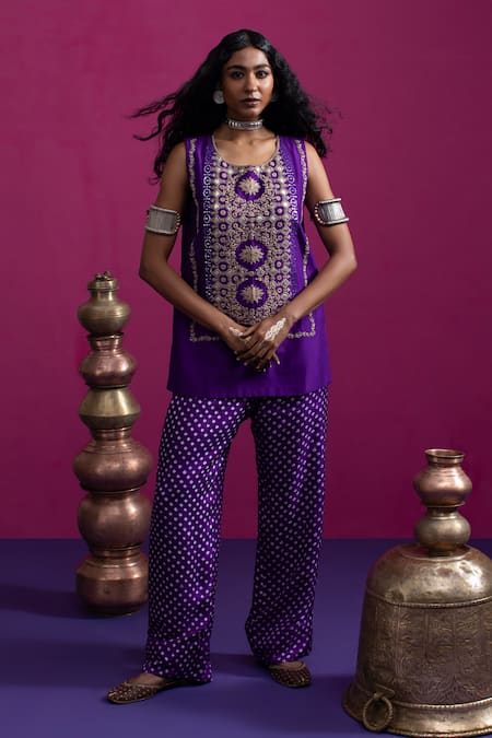 Pink City By Sarika Purple Silk Embroidery, Gota Patti Round Neck Lotus Kurta Pant Set 