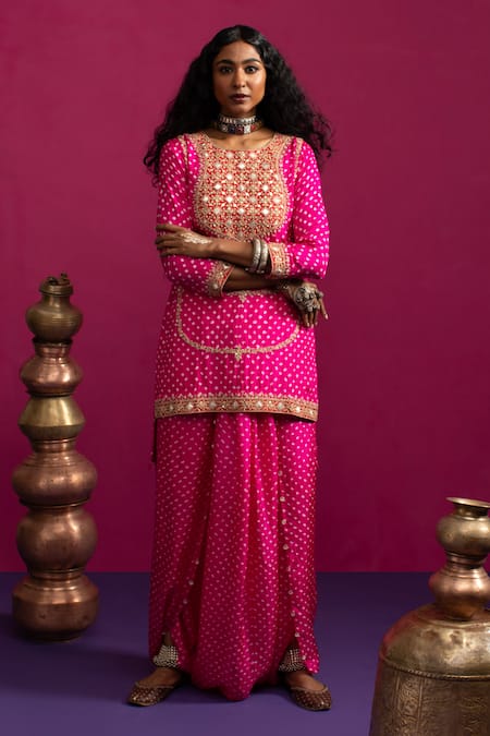 Buy Pink City By Sarika Pink Silk Gota Patti, Embroidery Round Neck Rani Bandhani Matka Kurta Pant Set Online at Aza Fashions Buy_Pink City By Sarika_Pink Silk Gota Patti, Embroidery Round Neck Rani Bandhani Matka Kurta Pant Set _Online_at_Aza_Fashions