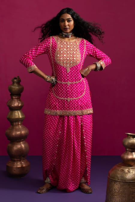 Pink City By Sarika Pink Silk Gota Patti, Embroidery Round Neck Rani Bandhani Matka Kurta Pant Set 