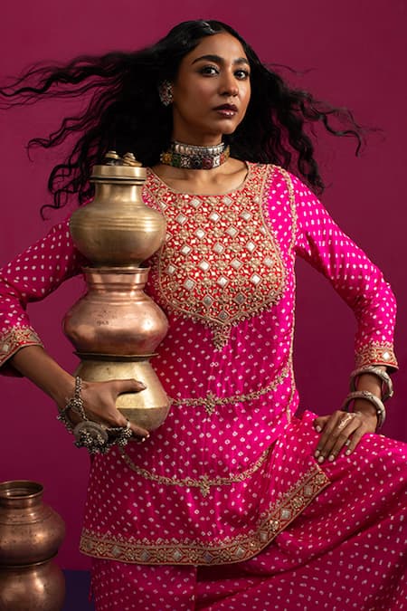 Shop Pink City By Sarika Pink Silk Gota Patti, Embroidery Round Neck Rani Bandhani Matka Kurta Pant Set Online at Aza Fashions Shop_Pink City By Sarika_Pink Silk Gota Patti, Embroidery Round Neck Rani Bandhani Matka Kurta Pant Set _Online_at_Aza_Fashions