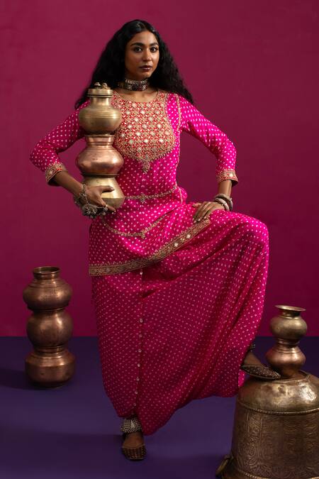 Buy Pink City By Sarika Pink Silk Gota Patti, Embroidery Round Neck Rani Bandhani Matka Kurta Pant Set Buy_Pink City By Sarika_Pink Silk Gota Patti, Embroidery Round Neck Rani Bandhani Matka Kurta Pant Set